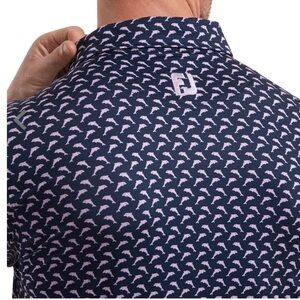 FootJoy Navy Performance Golf Polo L Isle Leaping Dolphins Print ProDry